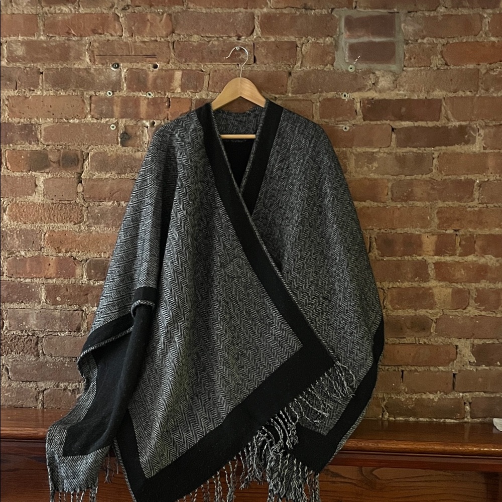 Chic Black and Gray Poncho with Fringe